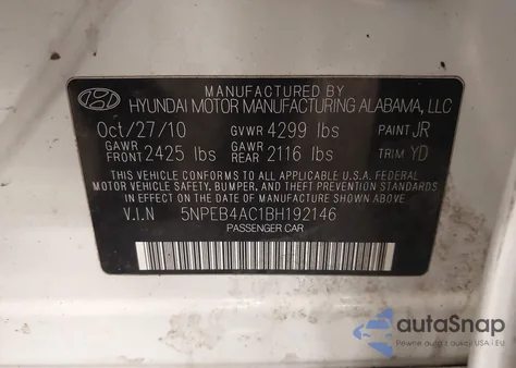 2011 Hyundai Sonata Gls z USA, uszkodzony, nr VIN 5NPEB4AC1BH192146